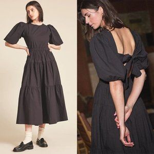 NWT Birds of Paradis by Trovata Dapne Puff Sleeves Tiered Black Midi Dress